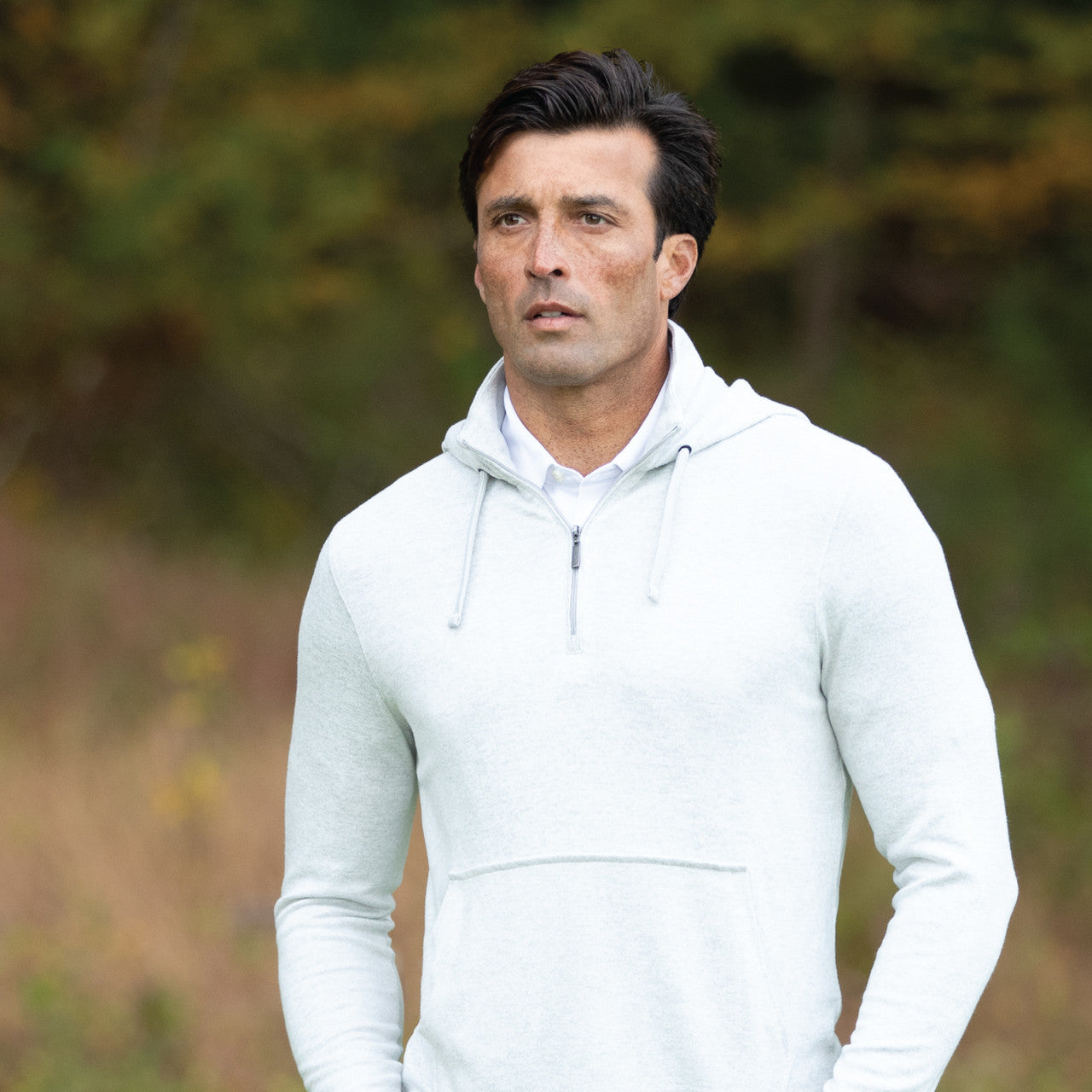 LIFESTYLE OF MODEL WEARING GREY HOODIE