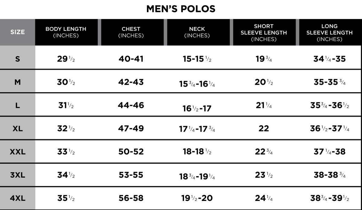 Size Chart Greg Norman Collection